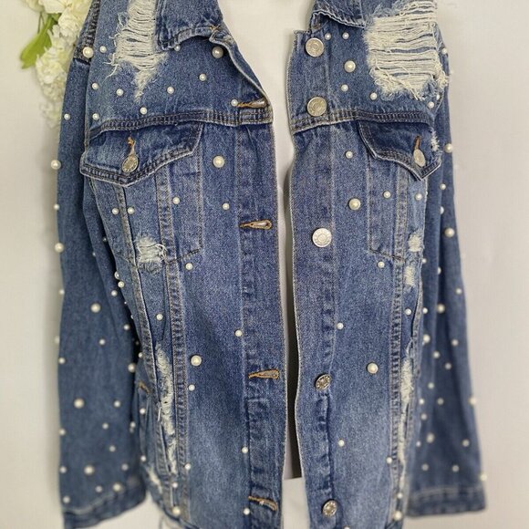 Sunset + Spring Denim Jacket Pearl Embellishment Bride Embroidered Size L NWOT - Picture 2 of 16